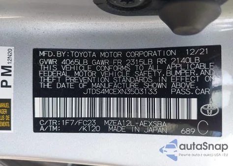 2022 Toyota Corolla Se из США, поврежденный, VIN JTDS4MCEXN3503133